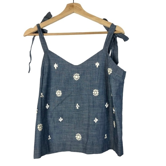 J. Crew Blue Denim Embellished Tie Shoulder Tank Top 4 - Picture 2 of 3